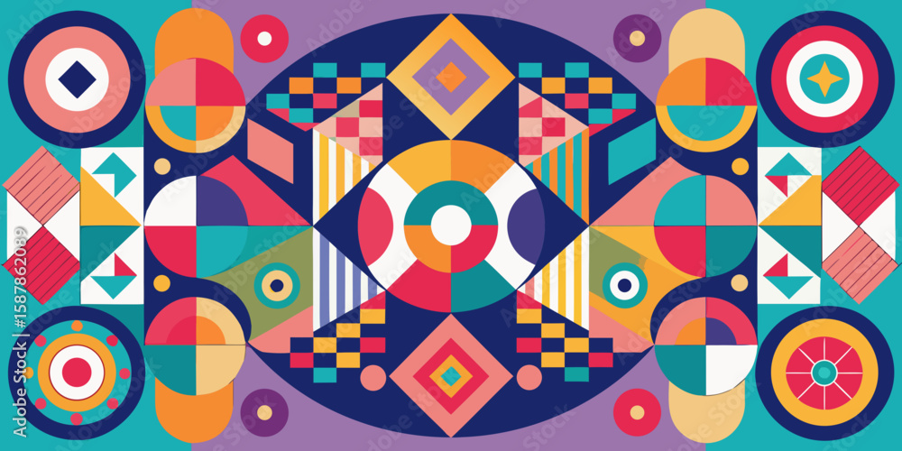 Poster colorful geometric pattern with circles squares triangles and abstract shapes