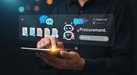  AI Procurement Interface.Smart Procurement Workflow with AI , Procurement and AI Chatbot, AI Procurement Dashboard,Digital Procurement Strategy Visualization,AI Integration in Business Procurement.