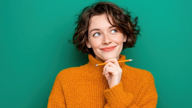 Smiling woman in an orange sweater holding a pencil, looking thoughtful against a green background. - Powered by Adobe