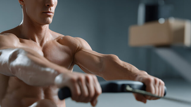 Muscular man exercising on a rowing machine indoors.