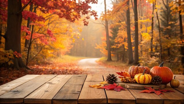Autumn harvest display on a wooden table with a forest road background