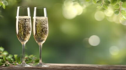 Two champagne flutes with sparkling wine on a wooden table against a blurred green background with leaves.