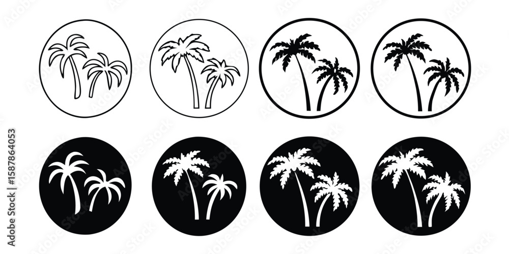 Poster palm tree icon set in black and white circles with varying styles on transparent background