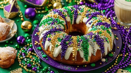 Festive Mardi Gras King Cake adorned with colorful beads and icing, surrounded by vibrant decorations on a green background.