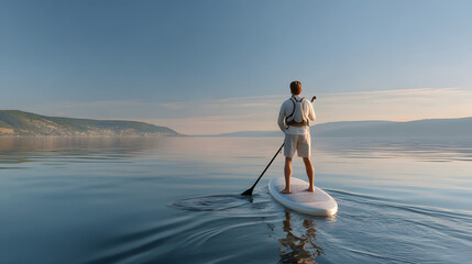 Man paddleboarding on calm water during a serene sunset.