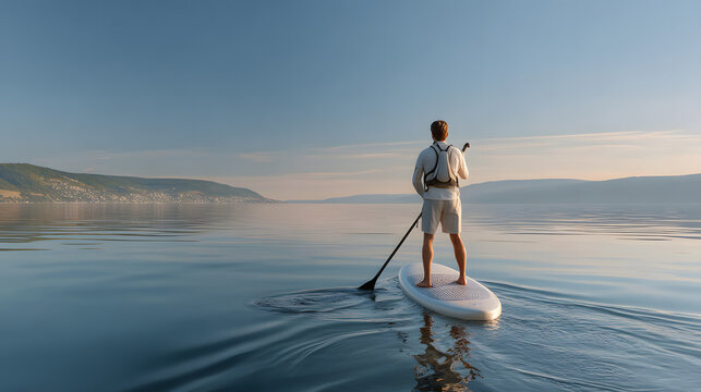 Man paddleboarding on calm water during a serene sunset.