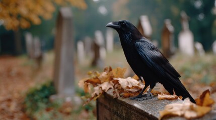 Fototapeta premium A black crow perched on a tombstone in a cemetery surrounded by autumn leaves and blurred gravestones in the background.