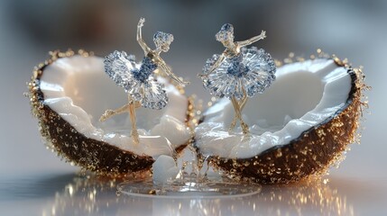 Fototapeta premium Two delicate glass ballerinas in sparkling tutus dance on a halved coconut, blending elegance with tropical charm.