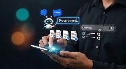  AI Procurement Interface.Smart Procurement Workflow with AI , Procurement and AI Chatbot, AI Procurement Dashboard,Digital Procurement Strategy Visualization,AI Integration in Business Procurement.