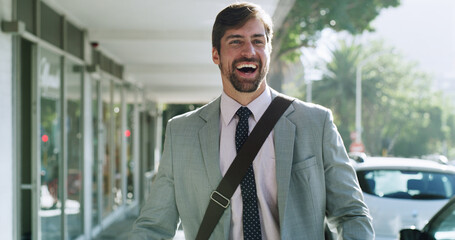 Happy, walking and business man in city on morning commute for work, career and finance...