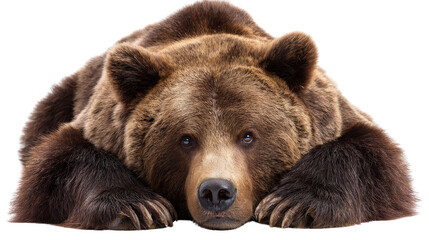 Bear laying down peacefully with paws crossed isolated on a Transparent background, PNG file.