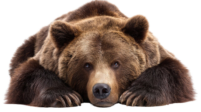 Bear laying down peacefully with paws crossed isolated on a Transparent background, PNG file.
