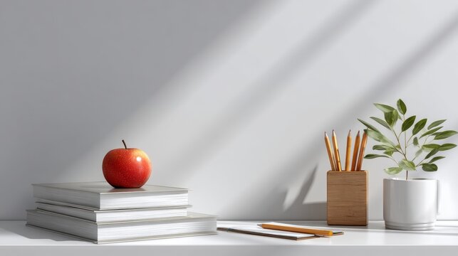 A minimalist desk scene with an apple on books, pencils in a holder, and a plant in a white mug, illuminated by soft sunlight.
