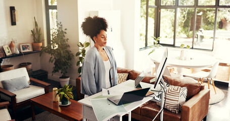 Remote work from home, breathing and woman with laptop, standing desk and planning for project....