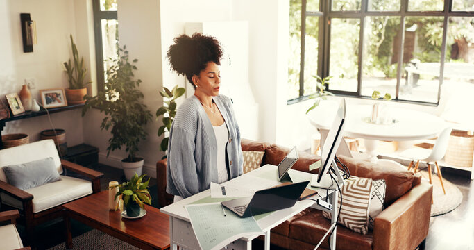 Remote work from home, breathing and woman with laptop, standing desk and planning for project. Apartment, person and entrepreneur with PC, stress relief and calm with exercise technique and relax