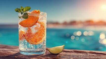 Obraz premium Refreshing citrus cocktail with orange slices and mint in a glass by the poolside, capturing a sunny summer vibe.