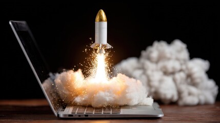 A rocket launching from a laptop keyboard, symbolizing innovation and technology, with smoke and sparks against a dark background.