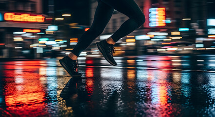 Fototapeta premium Person running on a rainy street illuminated by city lights.