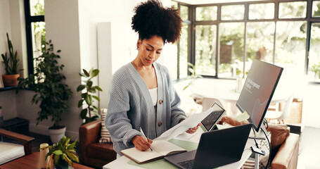Business woman, documents and writing with laptop in home for project deadline or remote work....