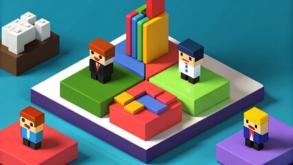 Isometric design of puzzle pieces with miniature people representing business strategy and teamwork

