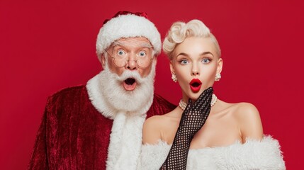 Surprised Santa and glamorous woman with retro style, both wearing festive attire, against a red background, expressing excitement and amazement.