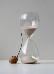 Minimalist high key still life with hourglass and long stemmed acorn.