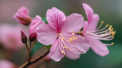 Fototapeta premium Close-up of delicate pink cherry blossoms with water droplets, surrounded by blurred green foliage, capturing the essence of spring.