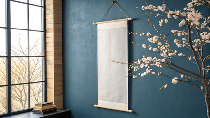 A blank scroll hangs on a blue wall next to a window and cherry blossom branch, creating a serene interior mockup