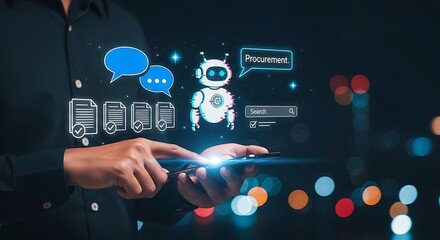  AI Procurement Interface.Smart Procurement Workflow with AI , Procurement and AI Chatbot, AI Procurement Dashboard,Digital Procurement Strategy Visualization,AI Integration in Business Procurement.