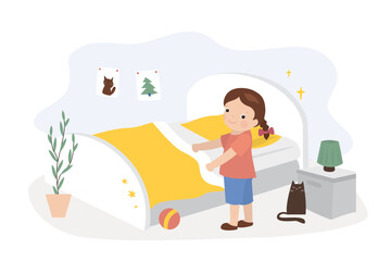 Cartoon of little girl making the bed. Kids doing housework chores at home concept. House work, Happy child helper. Room interior, indoor.