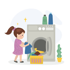 Happy cute kid do laundry with washing machine. Beauty little girl helps mother wash her clothes