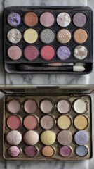 Overhead View of Two Open Vintage Eyeshadow Palettes with Used Colors