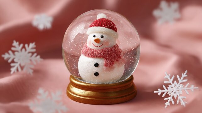 A cheerful snowman inside a snow globe with a red scarf and hat, surrounded by falling snowflakes on a soft pink background. - Powered by Adobe