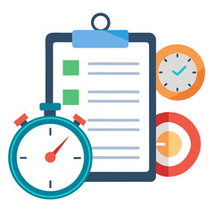 Project Management Illustration with Clipboard Stopwatch Clock and Target for Time Management and Productivity
