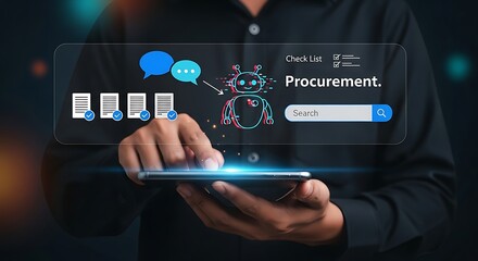  AI Procurement Interface.Smart Procurement Workflow with AI , Procurement and AI Chatbot, AI Procurement Dashboard,Digital Procurement Strategy Visualization,AI Integration in Business Procurement.