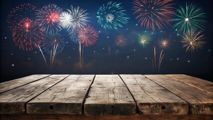Rustic wooden table with vibrant fireworks display against a starry night sky