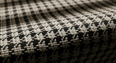 Obraz premium Close-up of a textured houndstooth fabric with a black and white pattern, showing the weave and folds of the material.