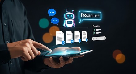  AI Procurement Interface.Smart Procurement Workflow with AI , Procurement and AI Chatbot, AI Procurement Dashboard,Digital Procurement Strategy Visualization,AI Integration in Business Procurement.