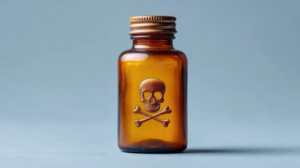 Brown glass bottle with a skull and crossbones symbol, indicating poison or danger, set against a light blue background.