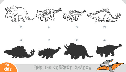 Black and white shadow matching game for kids with cute cartoon dinosaurs and silhouettes. Educational activity game for preschool and kindergarten children about the Jurassic period © ksenyasavva