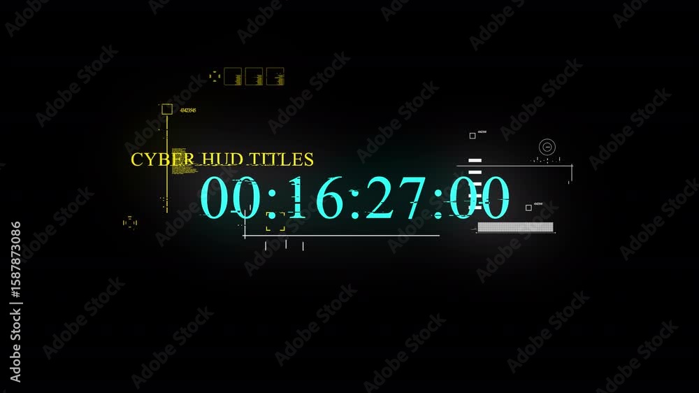 Poster cyber hud titles animation: futuristic digital display with glitch effects and timer
