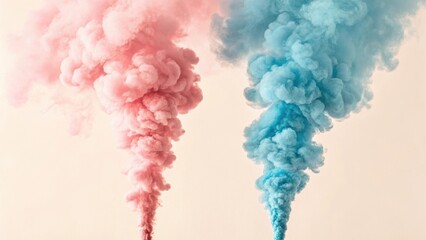 Pink and blue smoke plumes rising against a pale background gender reveal concept