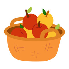Flat cute basket of red and yellow apples. Vector cartoon illustration for harvest season, autumn projects, or healthy food content. Isolated image on white © ksenyasavva