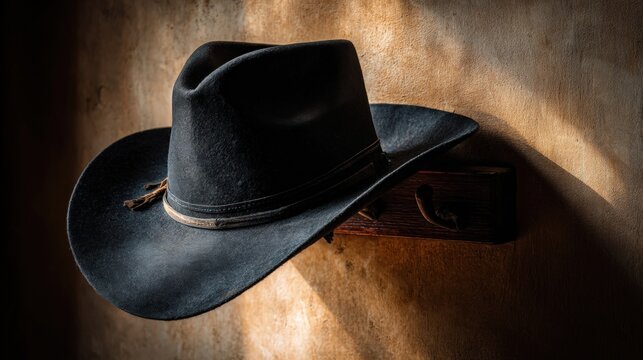 A black cowboy hat hangs on a wooden hook against a textured, sunlit wall, casting soft shadows. - Powered by Adobe