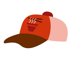 Cartoon ramen shop worker cap in red with noodle icon. Vector flat illustration isolated on white. A cute character accessory from Asian food culture.