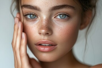 Close-up of young model with flawless skin, hands gently touching face, soft lighting
