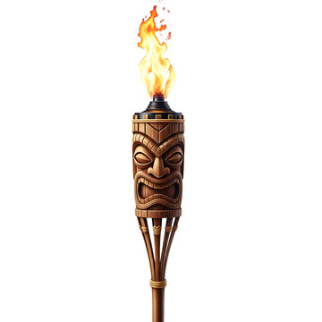 Wooden tiki torch with flames, isolated on white background.
