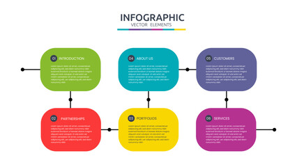 Vector Infographic Timeline 6 steps template, options, squares. Business process thin line. Use for presentations diagram, process, flow chart workflow, banner layout, info graph. infochart concept