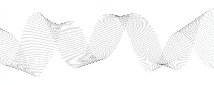Minimalist abstract wave design consisting of smooth, flowing white and gray lines on a white background.Parallel elliptical lines forming with wave rhythm, harmonious and flowing...