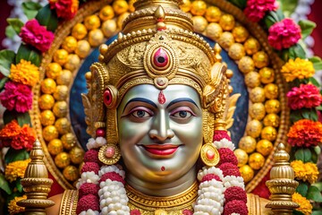 Ornate golden deity adorned with vibrant flower garlands and jewels